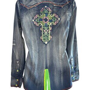 New Roar Ameera Embroidered Denim Shirt With Neon Accents & Cross Size 6